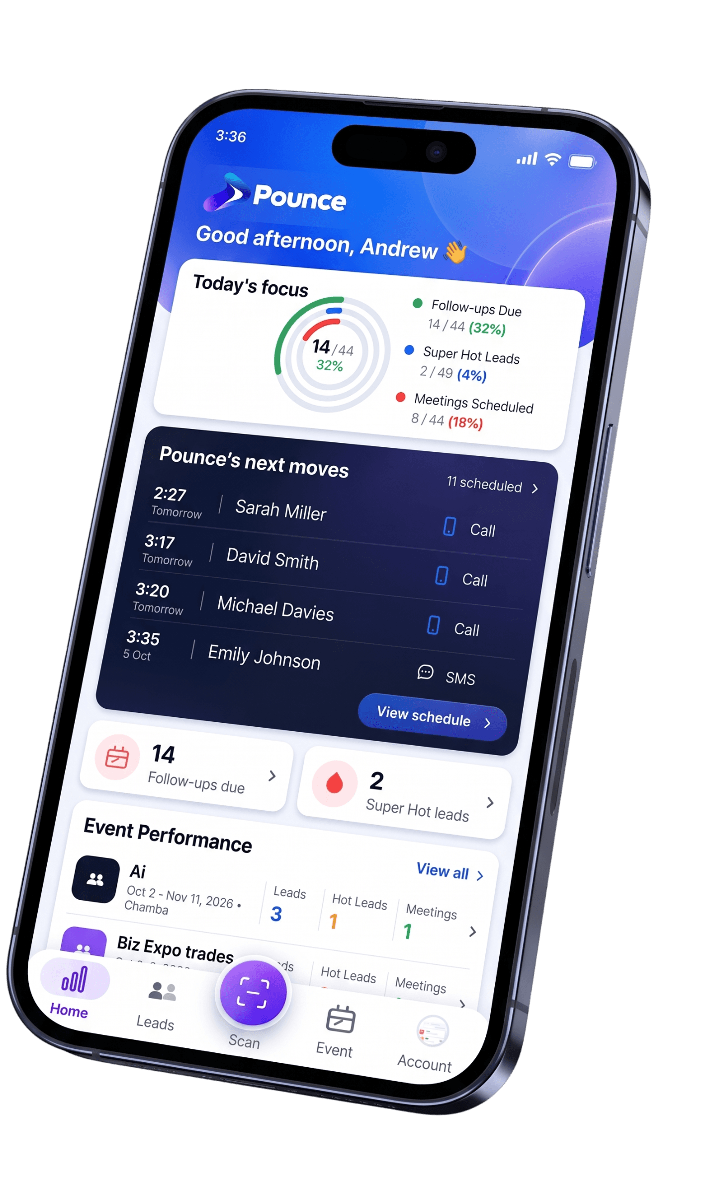 The Pounce app's home screen on a phone: today's focus, with follow-ups due, hot leads and meetings scheduled; Pounce's next moves, a list of upcoming calls and a text; and how each event is performing.